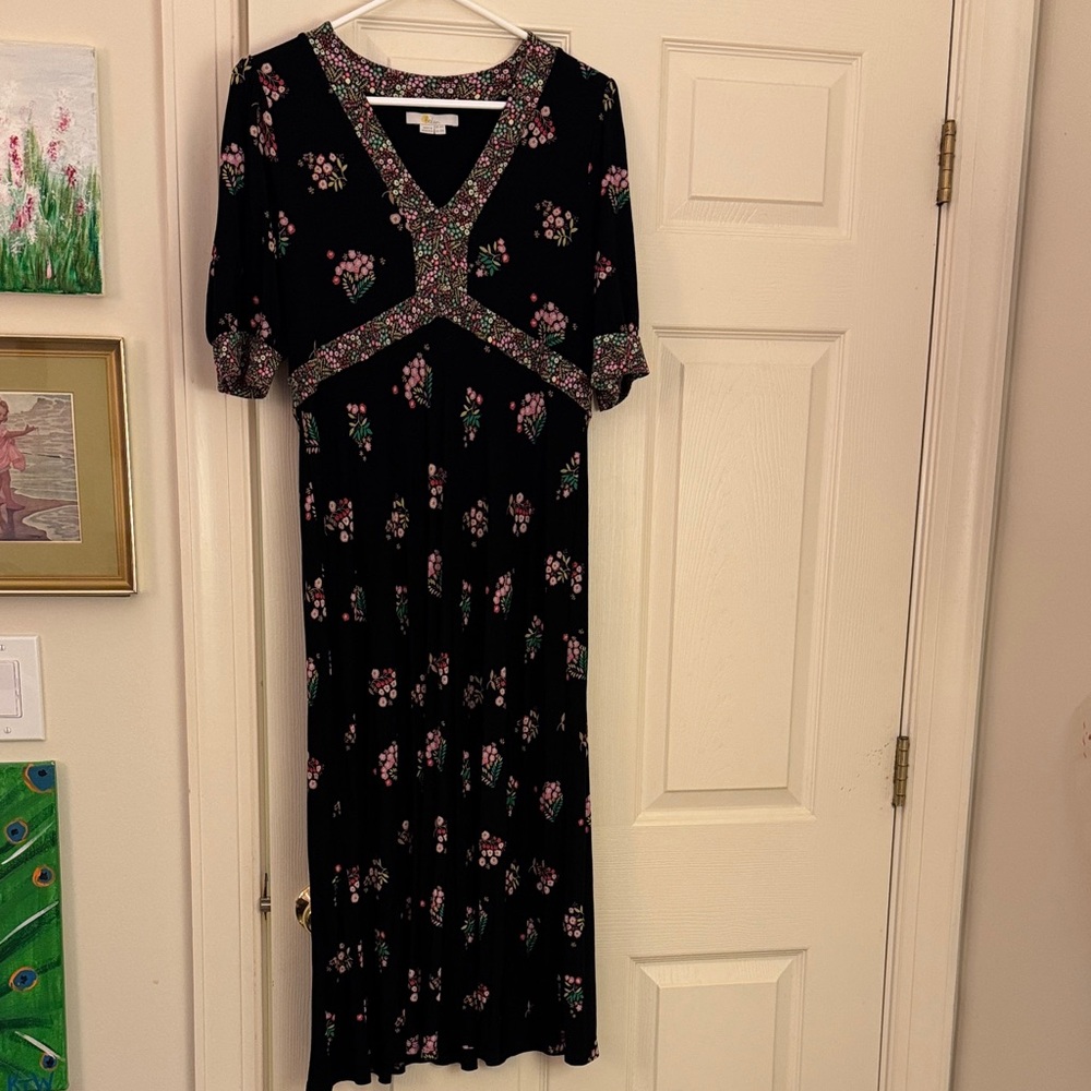 Boden Black Maxi Dress with Pink and Green Floral Print